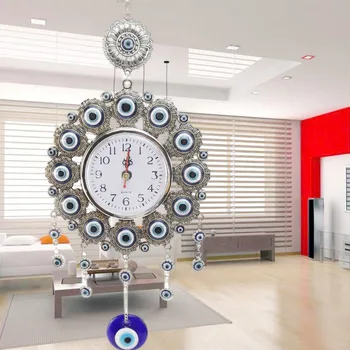 

JX-LCLYL 33cm Turkish Nazar Glass Evil Eye Wall Clock Hanging Charm &Home Decor
