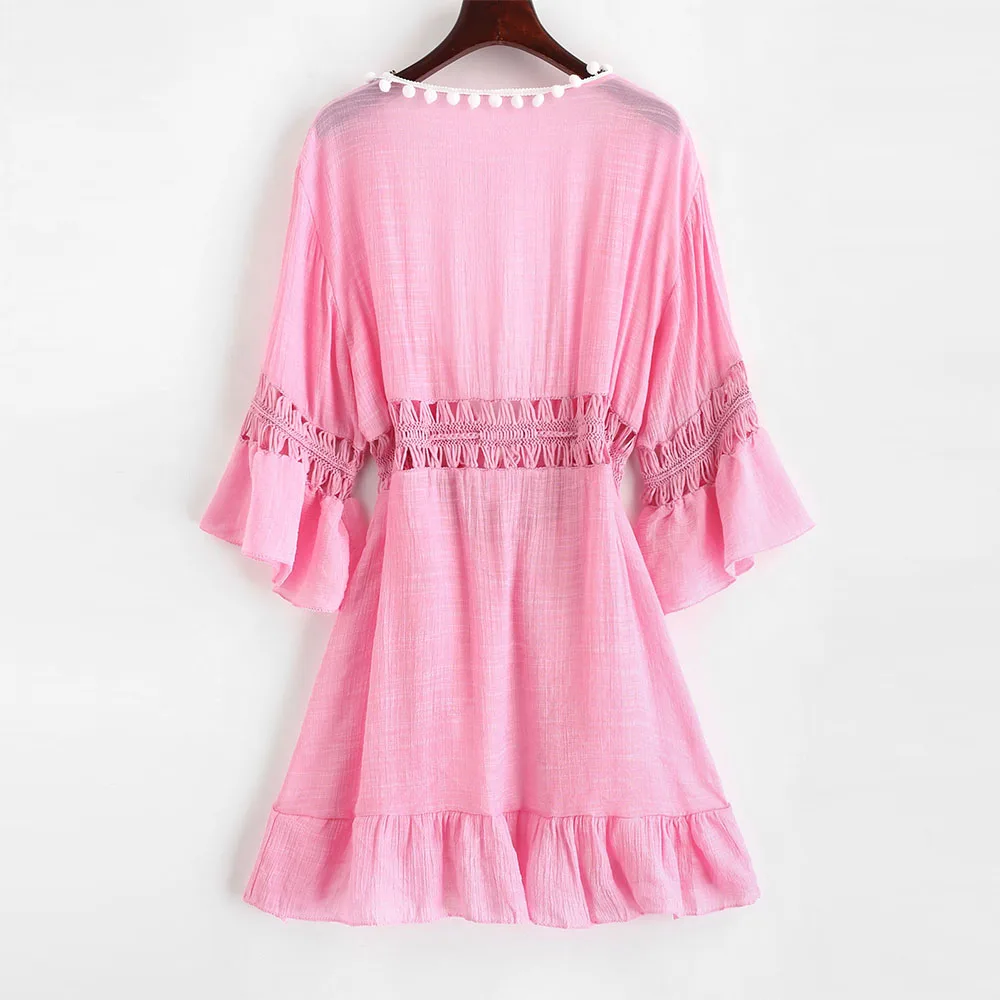 ZAFUL pom-pom вязаная крючком вставка рюшами накидка платье пляжное одноцветное женское летнее платье Высокая талия кружево легкое платье Vestidos