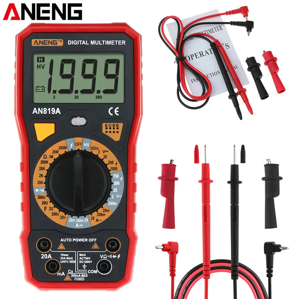 ANENG AN819A цифровой мультиметр AC/DC Напряжение Амперметр Емкость Сопротивление Триод Тестер измеритель тока с крокодиловыми зажимами