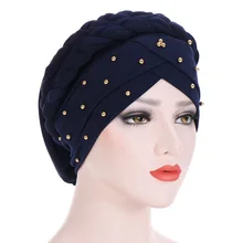 Luxury Beaded Braid Style Pearled Turban Long Head Scarf Headwrap Women Muslim Hijabs Bandanas Hair Accessories