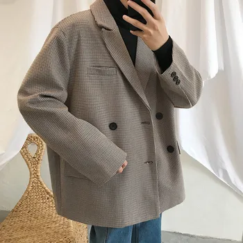 

2019 Korean Spring Newest Men's Fashion Tide Pockets Design Lattice Turn Down Collar Blazers Suit Loose Casual Male Coats S-XL