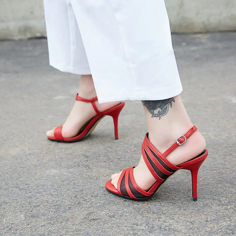 

Carole Levy Vintage Shoes Woman in Heel Height Sexy Ankle Buckle Strap Sandals Patchwork Mesh Material PU Leather