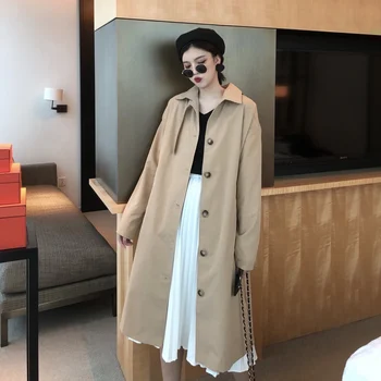 

Fashion commuter coat casual Slim long section Hong Kong style straight retro simple single-breasted V-neck trench coat Female