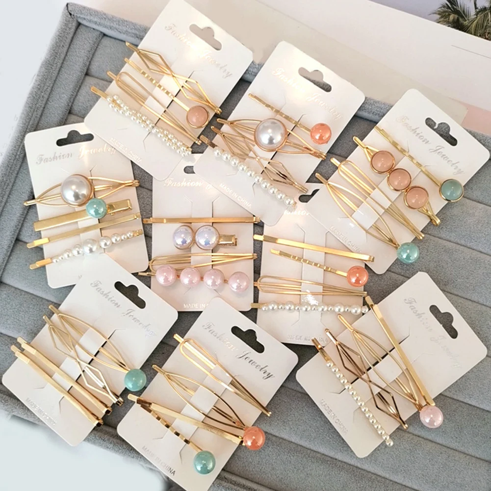 

4PCS Irregular Geometric Metal Hairpins Women Girls Sweet Imitation Pearl Colorful Beads Hair Clips Hair Accessories For Gifts