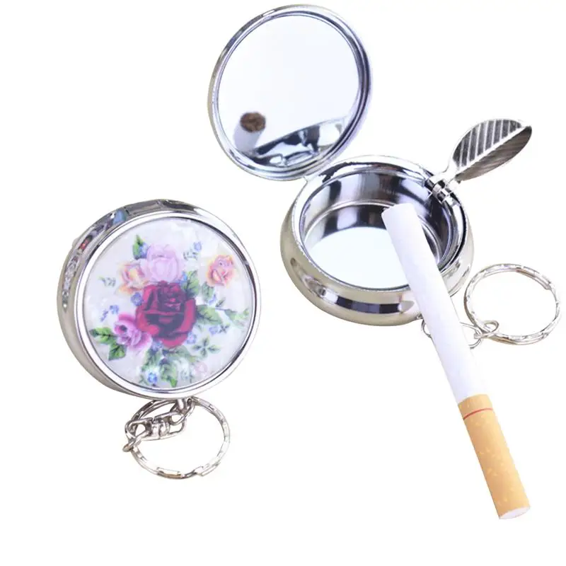 

2Pcs Portable Pocket Ashtray Mini Stainless Steel Circular Ashtray Creative Key Chain with Cigarette Snuffer Random Color