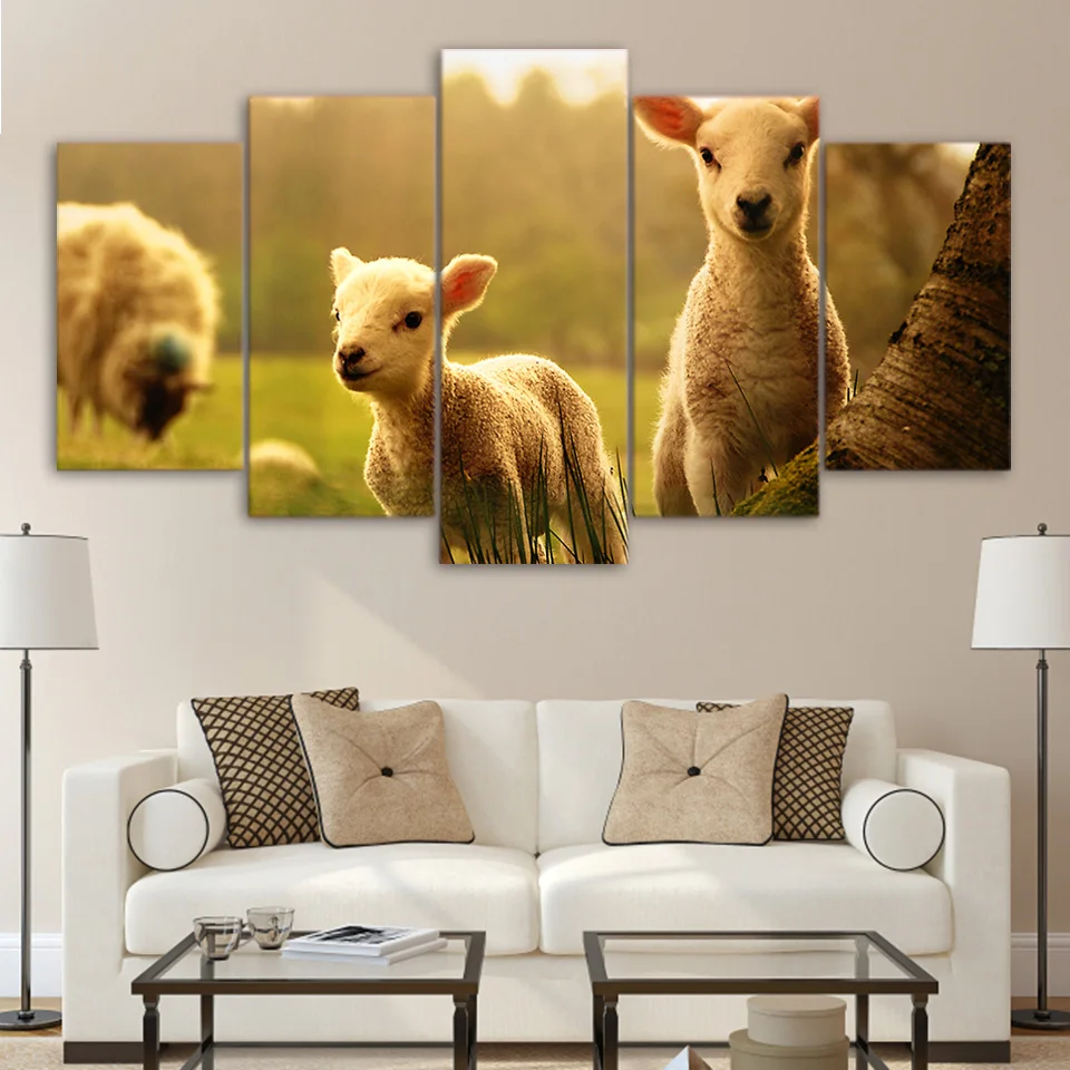 

Canvas HD Printed Wall Art Poster Cute Little White Sheep Animal Paintings Framed For Kids Bedroom 5 Panel Modular Decor Picture