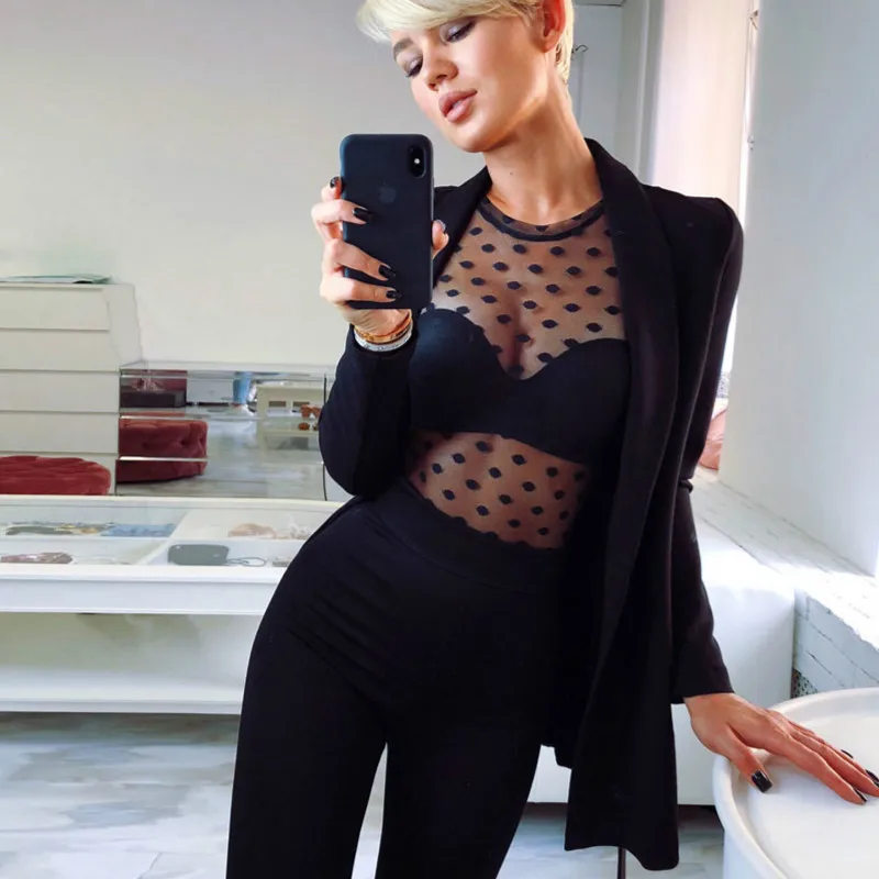 

2019 Sexy Mesh Polka Dot T Shirt Women O Neck Long Sleeve T-Shirts Black Transparent Punk Style Streetwear Club Beach Tees Tops