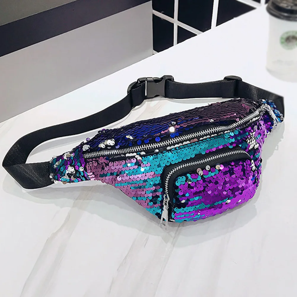2018 Fashion Sequins Glitter Belt Bags Casual Pu Leather Waist Bag