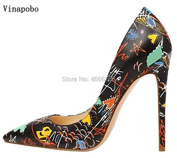 

Fashion Sexy Stiletto Pumps Woman Black Graffiti Print Shallow Designer Zapatos Mujer 12cm High Heels Sandals Party Shoes Woman