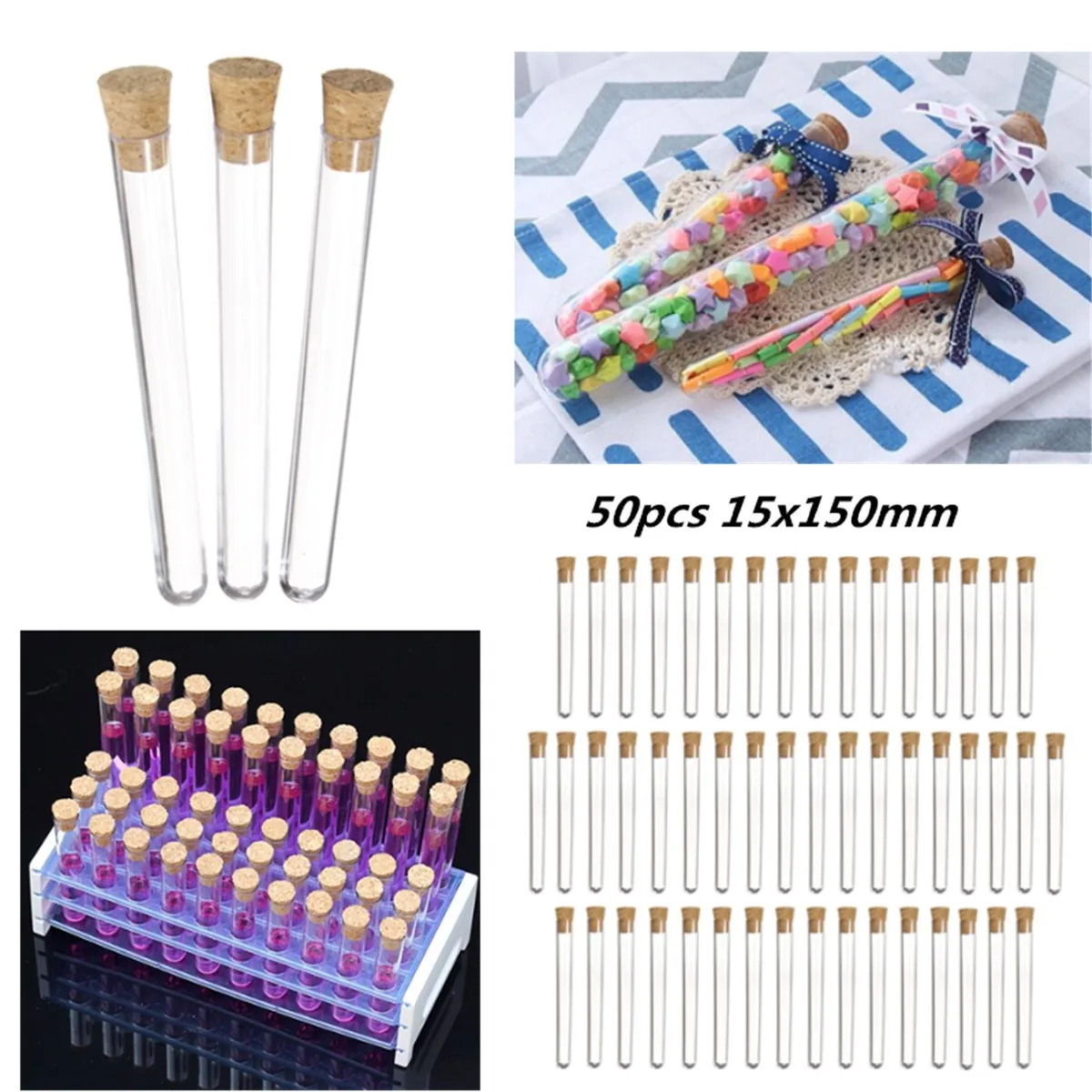 

Kicute 50pcs 15ml Transparent Laboratory Clear Plastic Test Tube Vials+Push Caps School Lab Supplies 15x150mm Wedding Favours