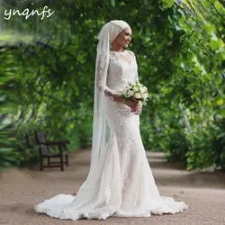 YNQNFS MW35 халат де mariée dubai длинный рукав кружево аппликации с вуалью хиджаб платье скромное подружек невесты платья для женщин Русалка 2019