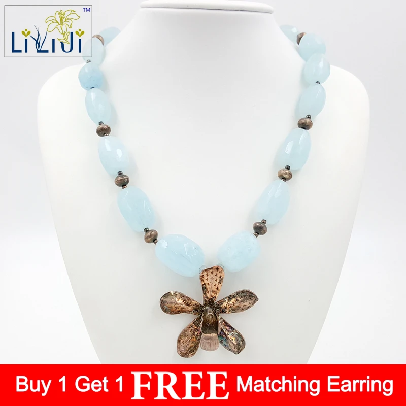 

Natural Aquamarine,925 Sterling Silver beads and Flower with 925 Sterling Silver Clasp Necklace Fashion Women Jewelry