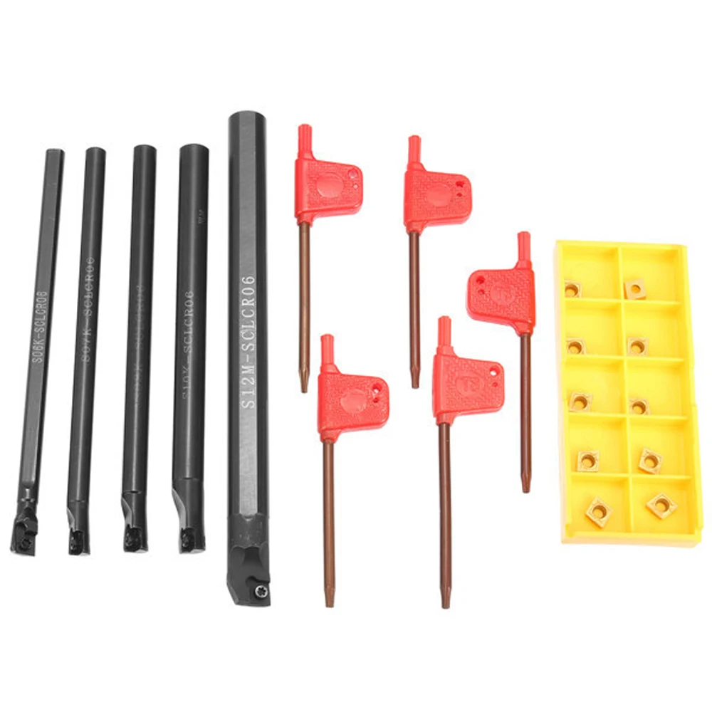 

5Pcs of SCLCR 6/7/8/10/12mm Boring Bar Tunring Tool Holder lathe tools lathe cutter + 10Pcs CCMT0602 Inserts + 5Pcs Wrenches