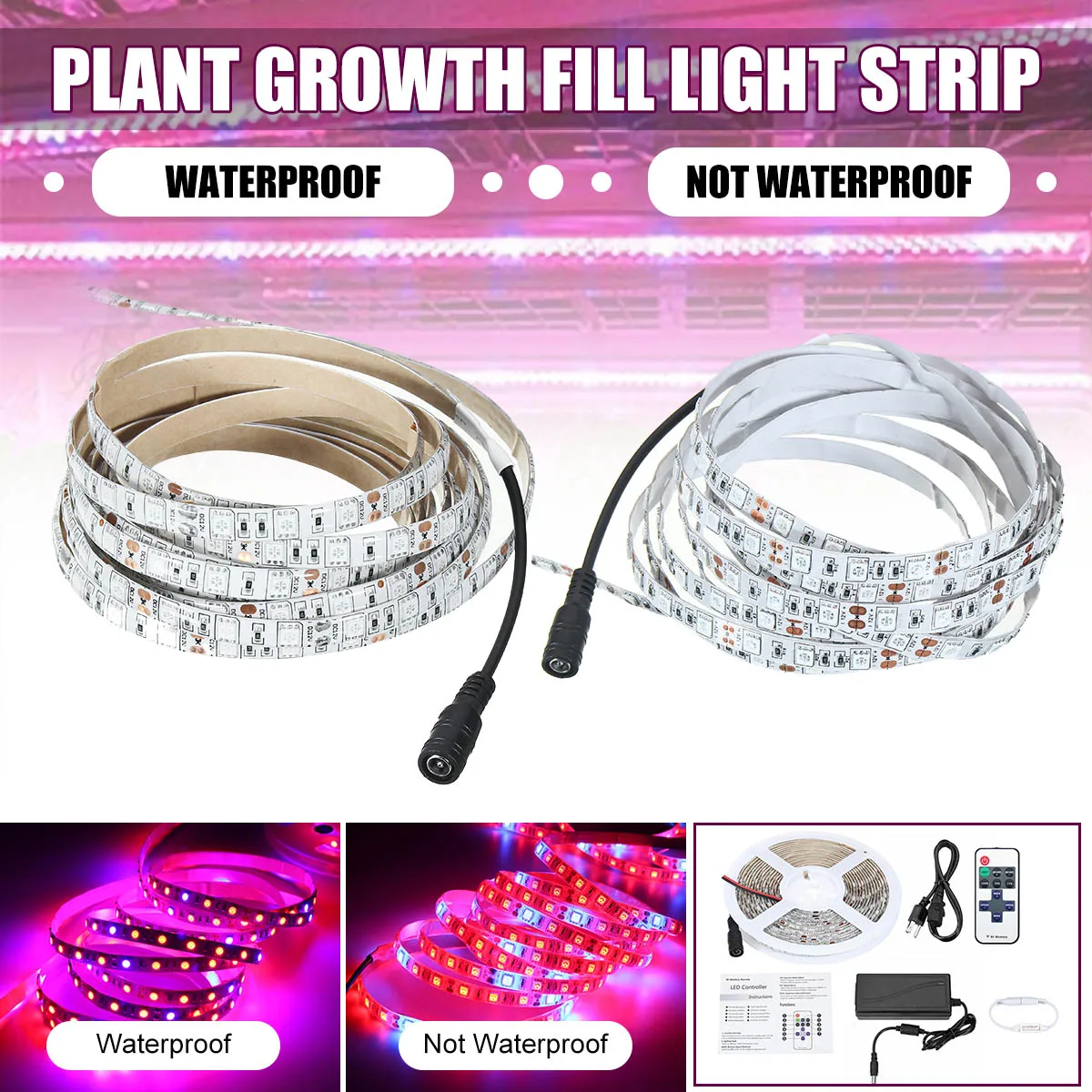 DC12V 5M 5050 Red:Blue 5:1 Full Spectrum LED Grow Strip Hydroponic Plant Light Kit + Power Adapter Waterproof/Not Waterproof