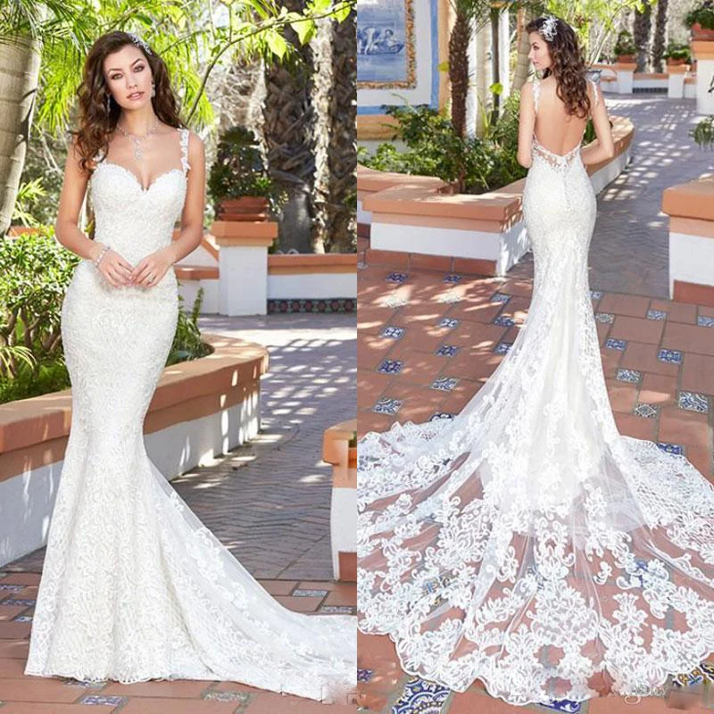 

2019 Mermaid Bridal Gowns Sexy Spaghetti Straps Backless New Wedding Dresses Vestido De Novia Lace 2019 Luxury Wedding Dress