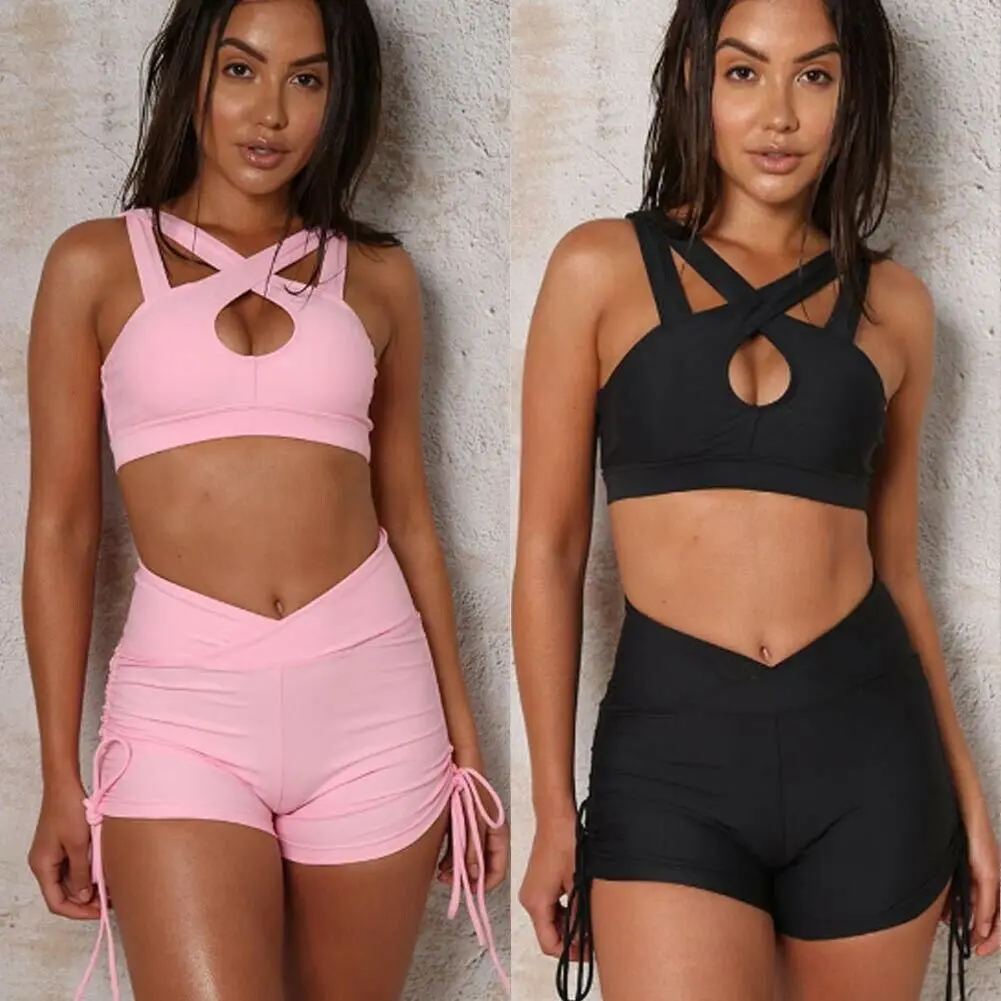

2019 New Style Fashion Hot Women Solid Set Suit Sleeveless Bandage Yoga Short Set Gym High Waist Clothing