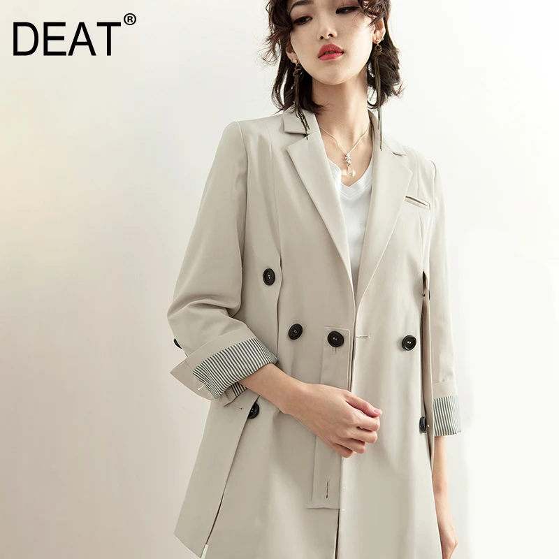 

[DEAT] 2019 New Autumn Winter Lapel Long Sleeve Beige Brief Button Split Joint Loose Jacket Women Coat Fashion Tide JQ29