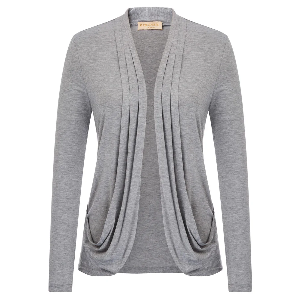 elegant women V neck Dangling cardigan stand neck ruched front slim ...