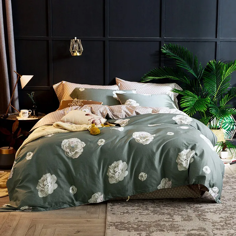 

European Egyptian cotton bed linen sheet Soft Satin floral rose print bedding set pastoral duvet cover pillowcases bedspreads