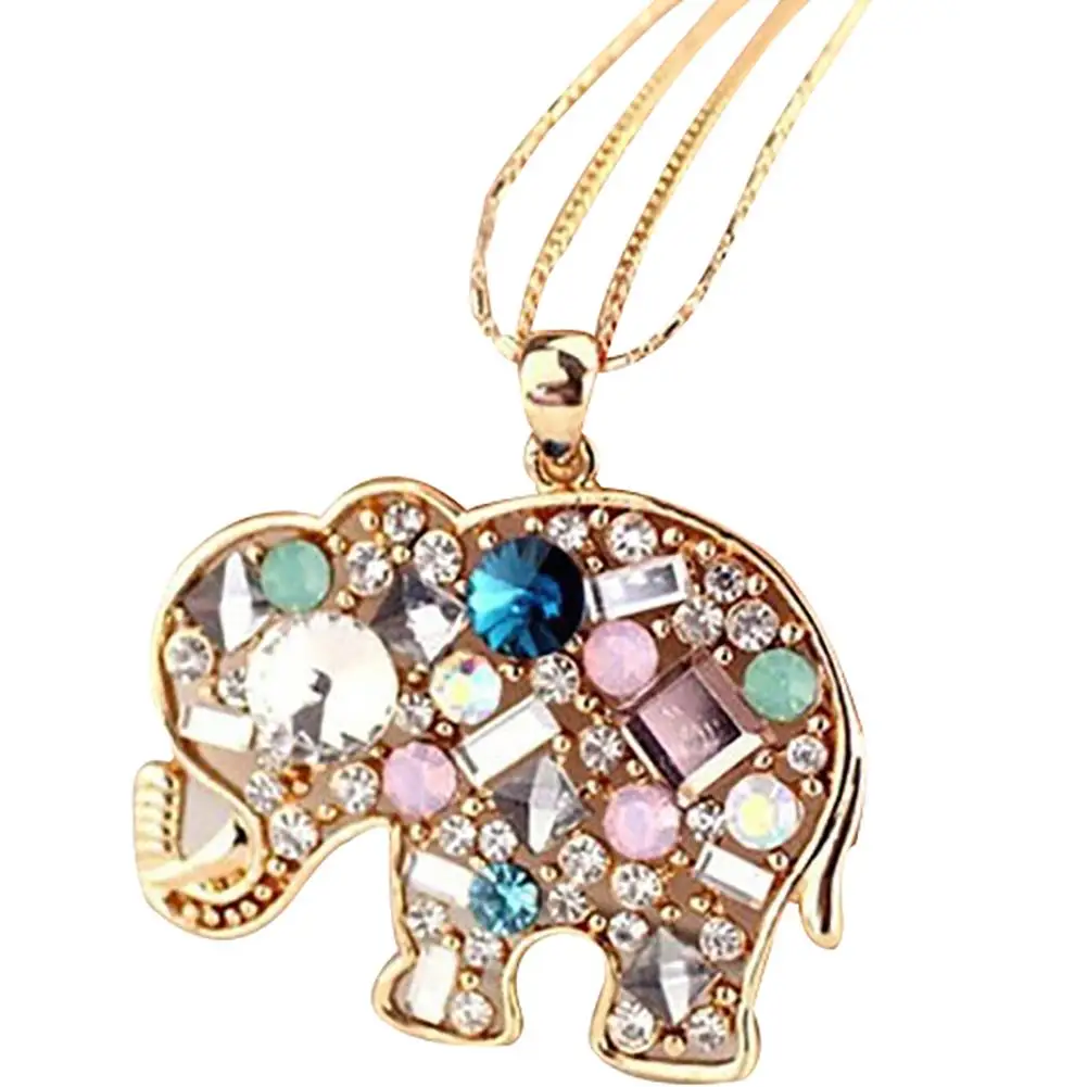 Fashion Multicolor Rhinestone Elephant Necklace Long Chain Party