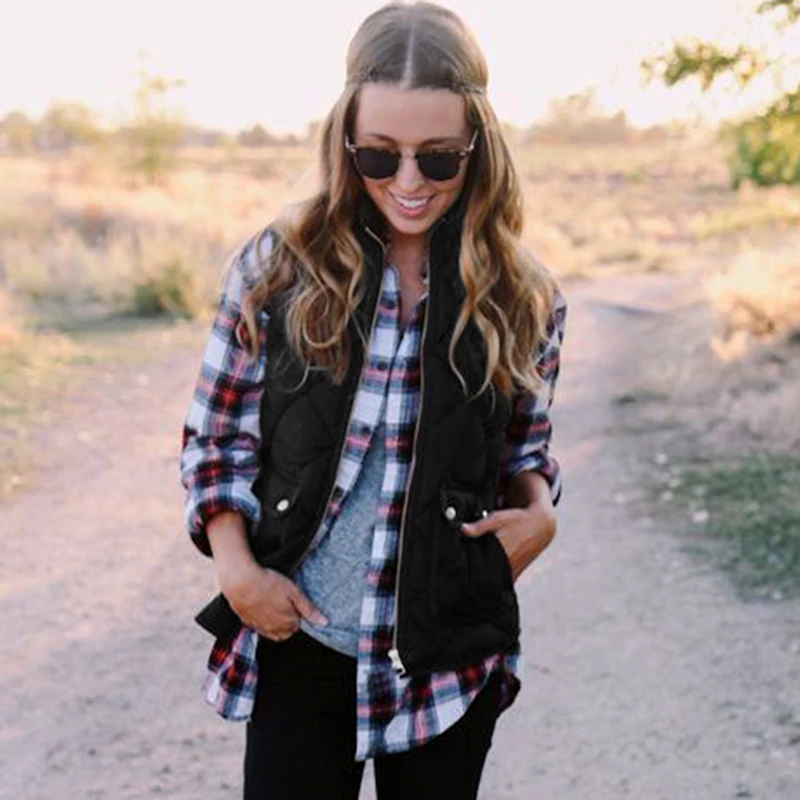 2018 Winter Women Sleeveless Quilted Jacket Waistcoat Vest Stand Collar Zip Up Pockets Gilet Overcoat Outwear Female Warm Coat