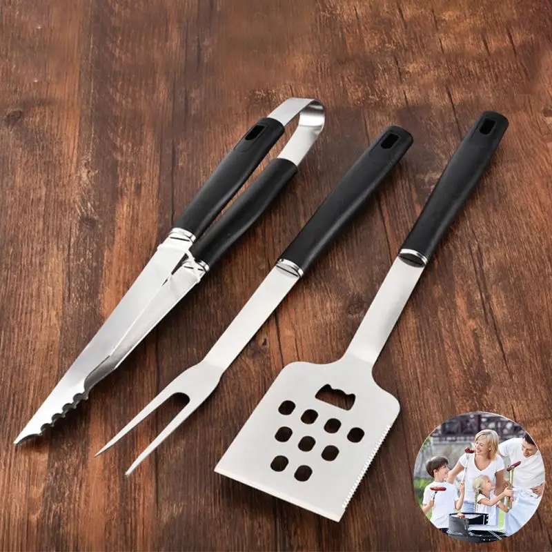 3 unids/set herramienta de barbacoa de Picnic al aire libre de acero inoxidable pala tenedor y abrazadera adecuado para ir de Picnic Camping barbacoas herramienta de barbacoa