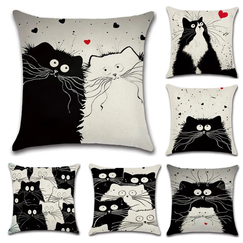 New Cartoon Cat Linen Cushion Cover 45X45cm Pillow Case Home Decorative Pillows For Sofa Car Cojines 32 | Дом и сад