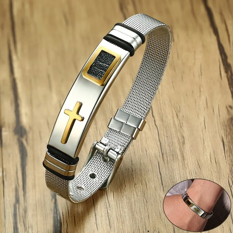 

Stylish Watch Band Link Bracelet for Women Man Adjustable Length 12MM Stainless Steel Christ Cross Prayer pulseira masculina