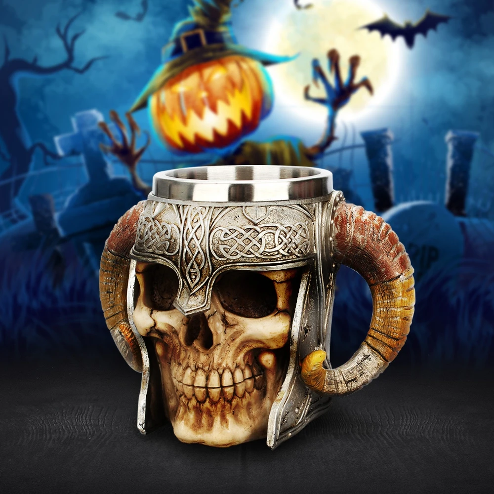 

Stainless Steel Skull Mug Horn Warrior Beer Stein Halloween Bar Coffee Tea Cup