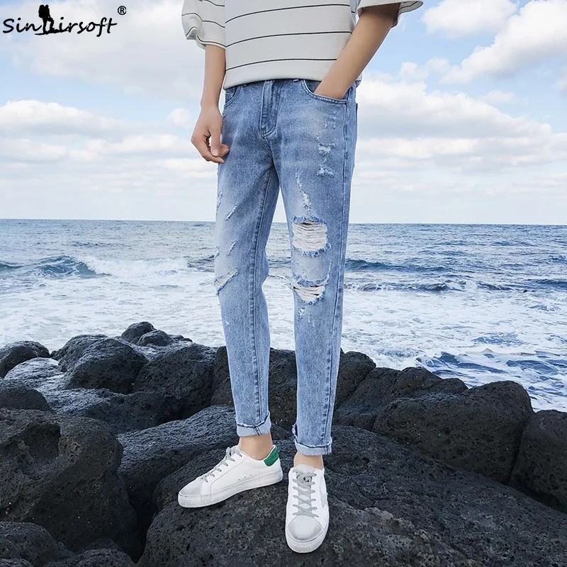 

2019 New Fashion Men's Casual Skinny Jeans Pants Worn Tearing Design Worn Punk Pants For Casual Hole Strech Jeans