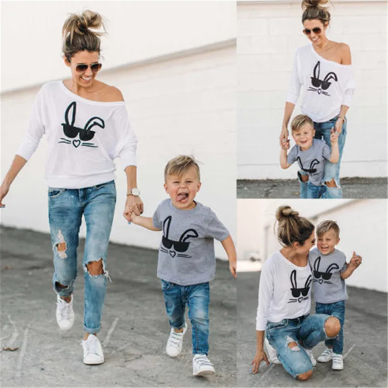 

2017 New Brand Mother Toddler Baby Kids Girls Boys Family Matching T-shirt Tops Casual Outfits Rabbit Printed Clothes Easter Hot