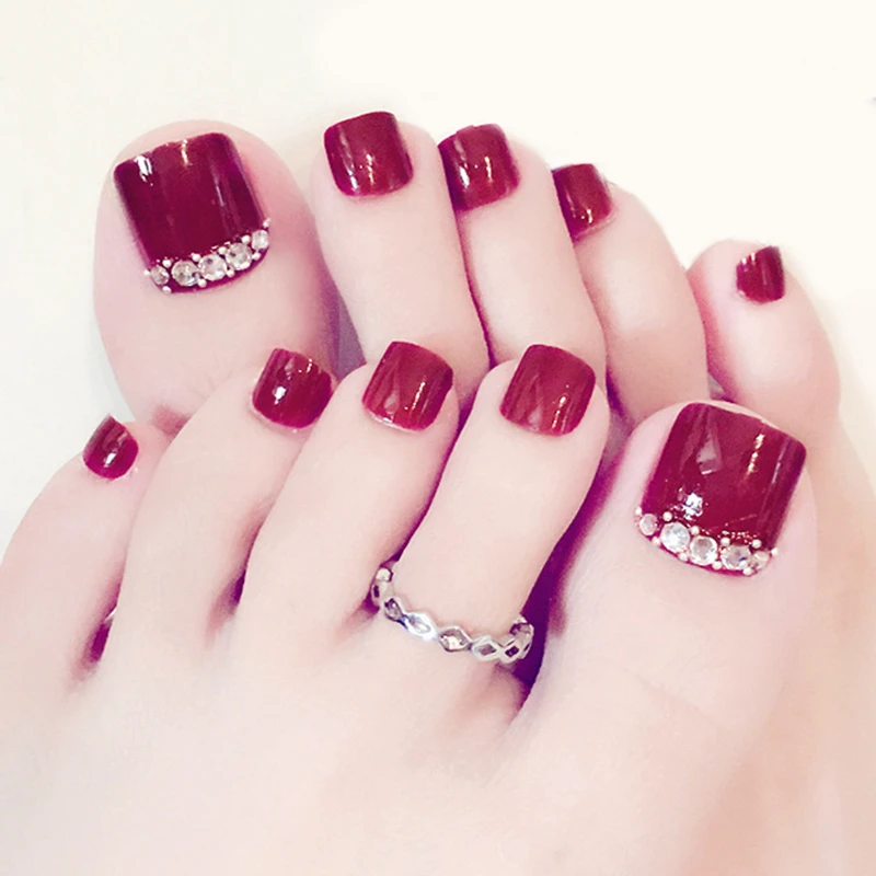 

24 Pcs nail sticker Red Flash Diamond Toenail Patch With Nail Glue Full Cover Flash Drilling Red Foot Artificial Fake Nails