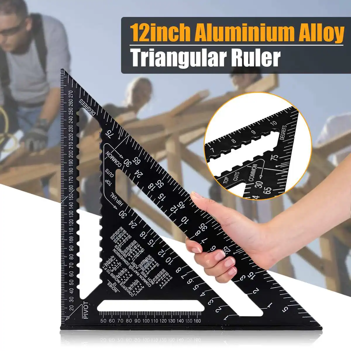 

12 inch Metric Aluminum Alloy Triangle Angle Ruler Protractor Woodworking Measurement Tool 30cm Quick Read Square Layout Gauge