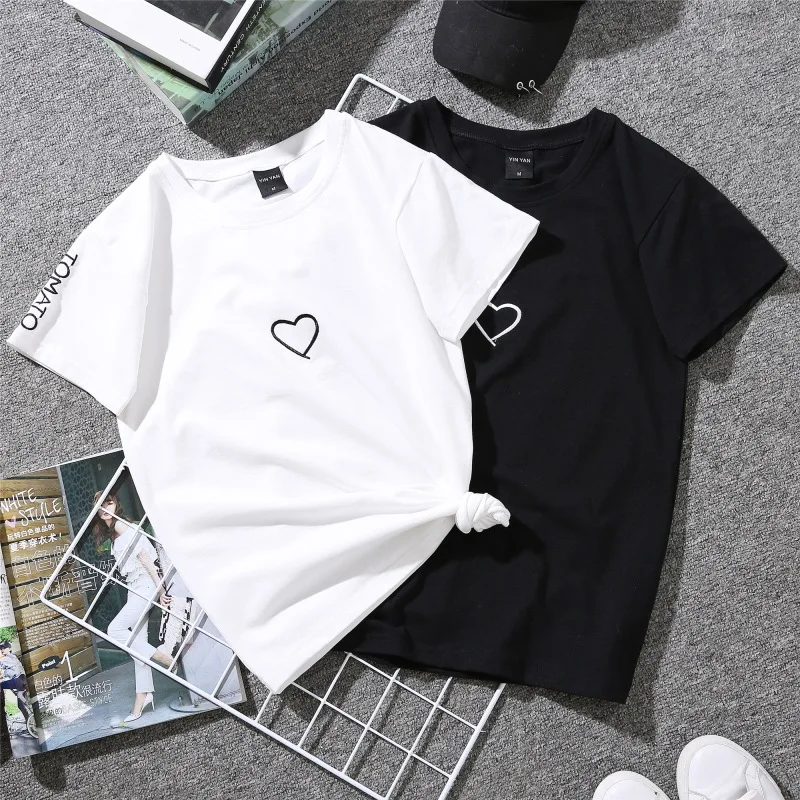 Summer Couples Lovers T-Shirt For Women Casual White Tops Tshirt Women T Shirt Love Heart Embroidery Print T-Shirt Female Summer Couples Lovers T-Shirt For Women Casual White Tops Tshirt Women T Shirt Love Heart Embroidery Print T-Shirt Female