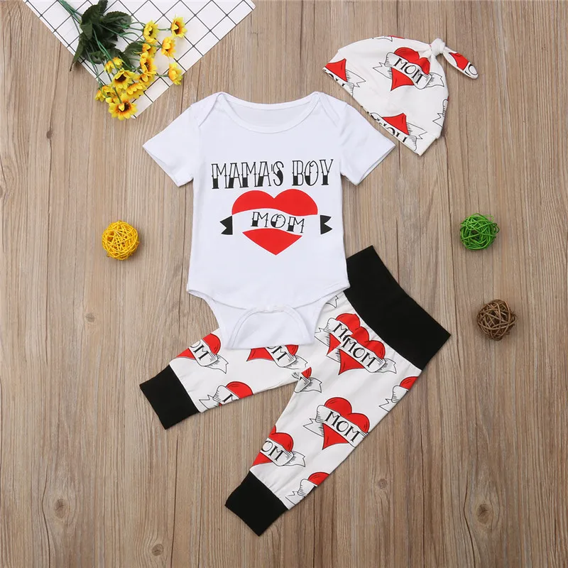 

Baby Clothing Mamas Boy Clothes Set Short Sleeve Romper Body Suit Pant Hat 3pcs 0-2T Newborn Clothes