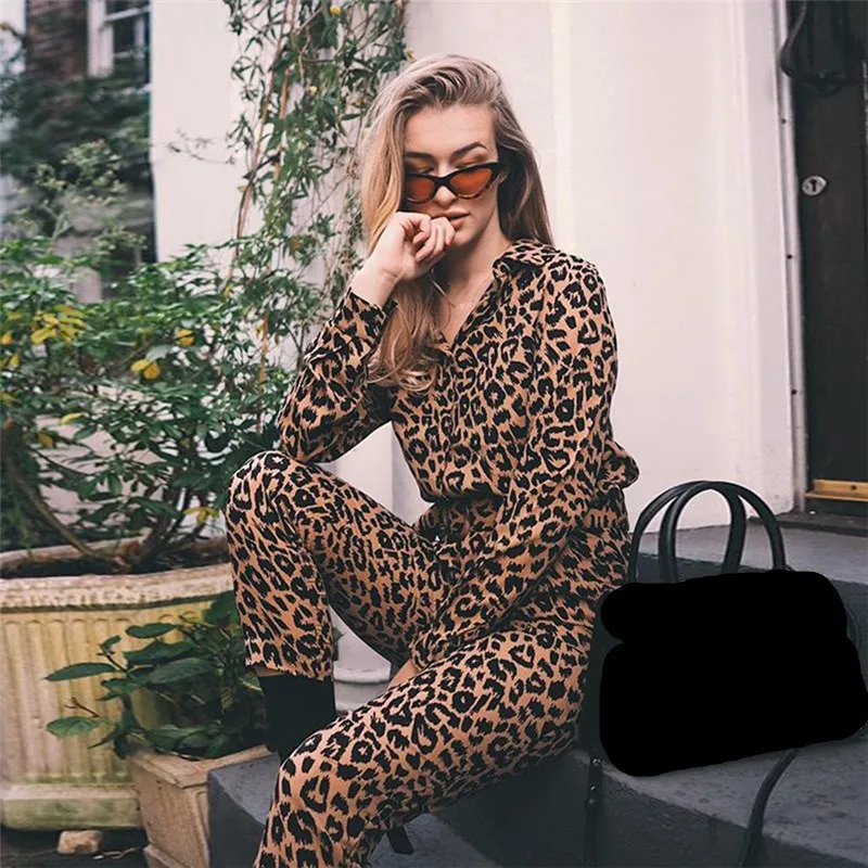 

2019 Spring Turn-Down Collar Leopard Print Jumpsuit Women Sashes High Waist Jumpsuit Casual Christmas Party Long Rompers