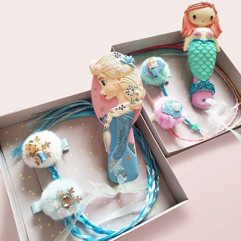 Disney Comb Princess Air Cushion Comb Set Cartoon 3D Stereo Frozen Elsa Ariel Comb Girl Headwear Hair Ring Accessories Set