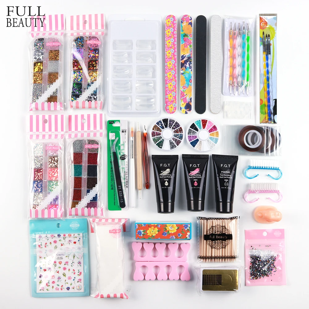 

Nail Art Manicure Kit With Poly Gel Cuticle Pusher Glitter Powder Decoration Base Form of Beginner Nails Tool Brush Set CH766