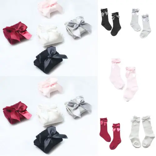 US Toddler Baby Girl Knee High Stockings Cotton Bow Tight Ribbon 0-4Y |