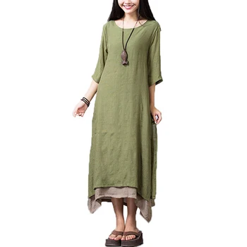 

MYTL Cotton Linen Vintage Dress Women Casual Loose O Neck Maxi Long Dress Army
