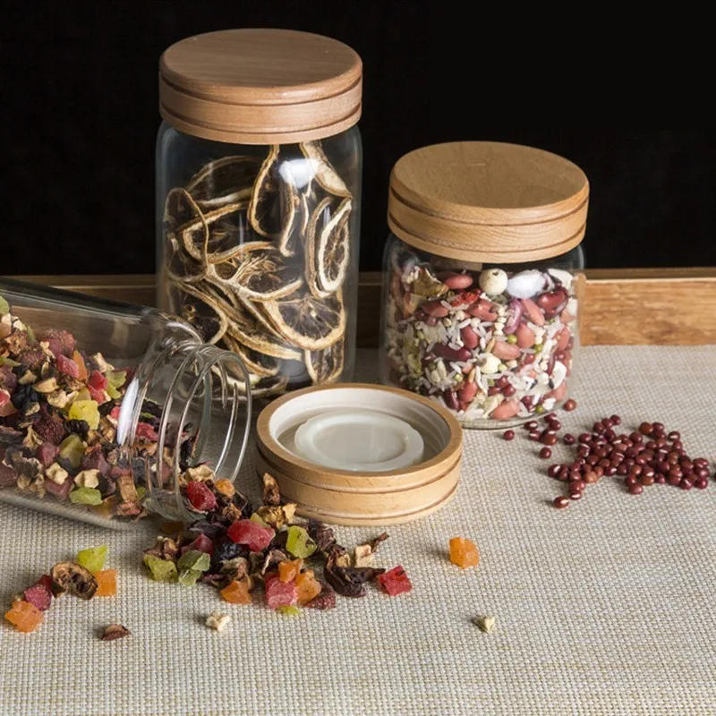 Beli Borosilica Kaca Stoples Botol Set Disegel Kaleng dengan Tutup Kayu untuk Rempah rempah Teh Kopi Permen Massal Wadah Kedap Udara Mason
