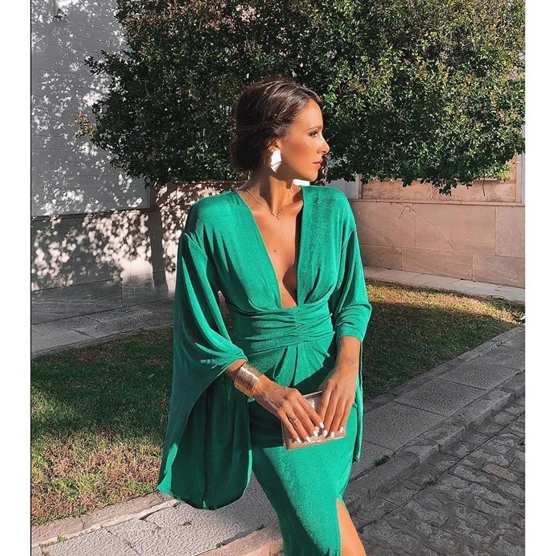 

Green Elegant Sexy Dress Summer 2019 Women Deep V Neck Bodycon Party Dresses Ladies Flare Sleeve Split Tunic Midi Dress Women