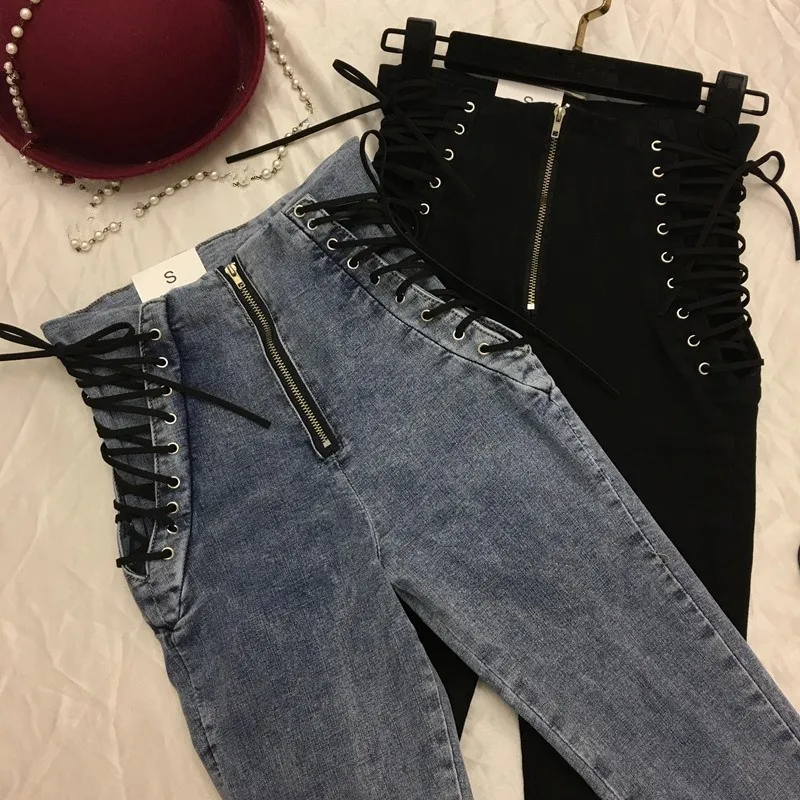 

Fashion New Women Lace-Up Bowknot Pencil Jeans Fake Zippers Ankle-Length Zipper Denim Pants Europe Hot Sale Slim Casual Pants