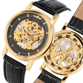 

WINNER Skeleton Transparent Diamond Dial Hand Winding Watches Men Mechanical Wrist Watch Mens Watch Retro Leather Man Clock 2020