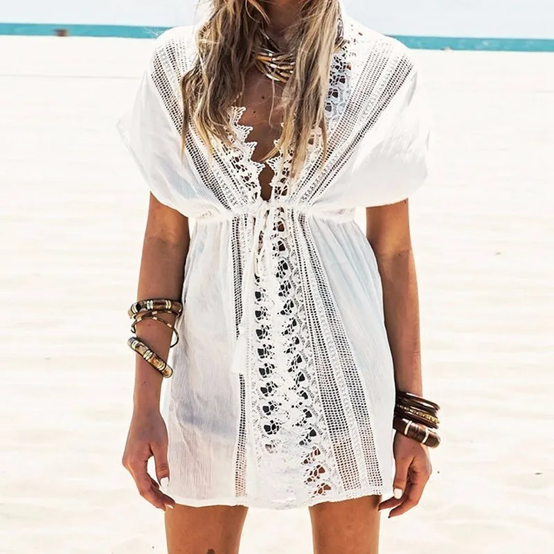

Women Kaftan Beach White Crochet Hollow Out Casual Tunic Blouses Summer dress Beachwear Swimsuit Pareo Cover Ups Bathing suit