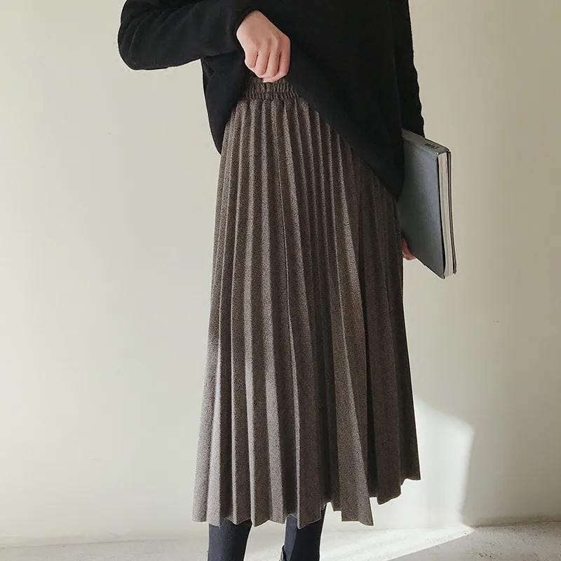 

Winter Blend Long Pleated A-line Skirts Autumn High Waisted Japan Style Warm Mid Calf Long Skirts Khaki Gray