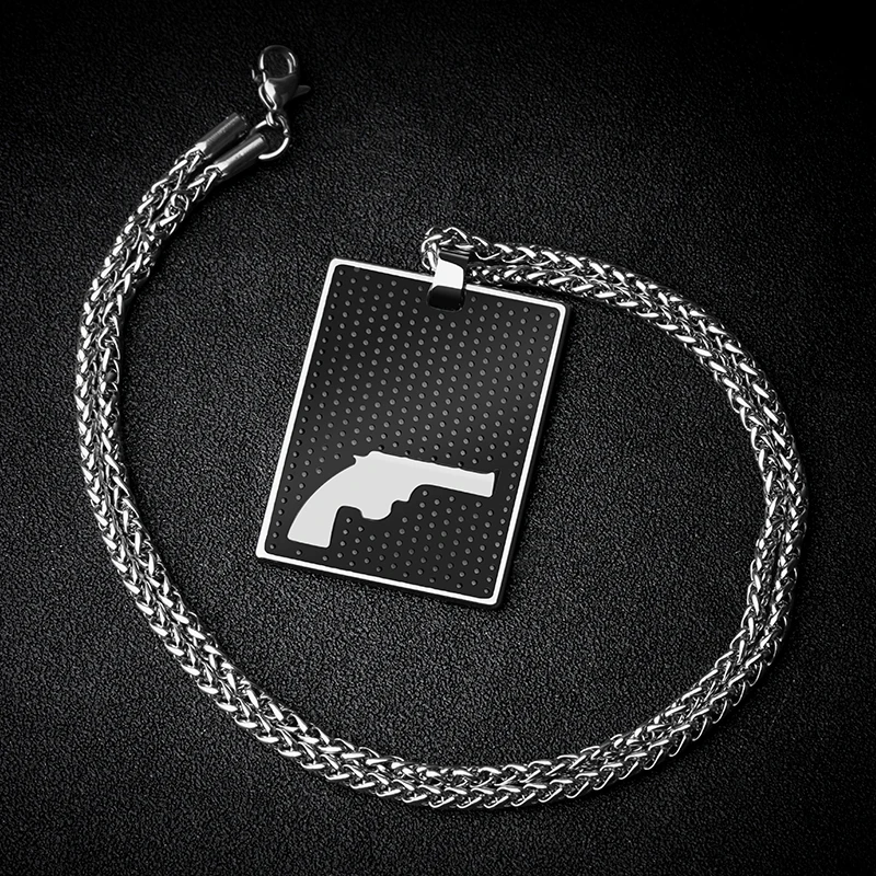 

New Arrival Puck Style Tungsten Carbide Pendants Embossed With Handguns for Man Black/Gold Colors Chain Necklace 50cm/55cm