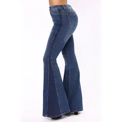 Ретро Длинные растяжения женские джинсы клёш Высокая Талия колокол джинсы с кроем для женщин тонкий пышные облегающие джинсы для Для