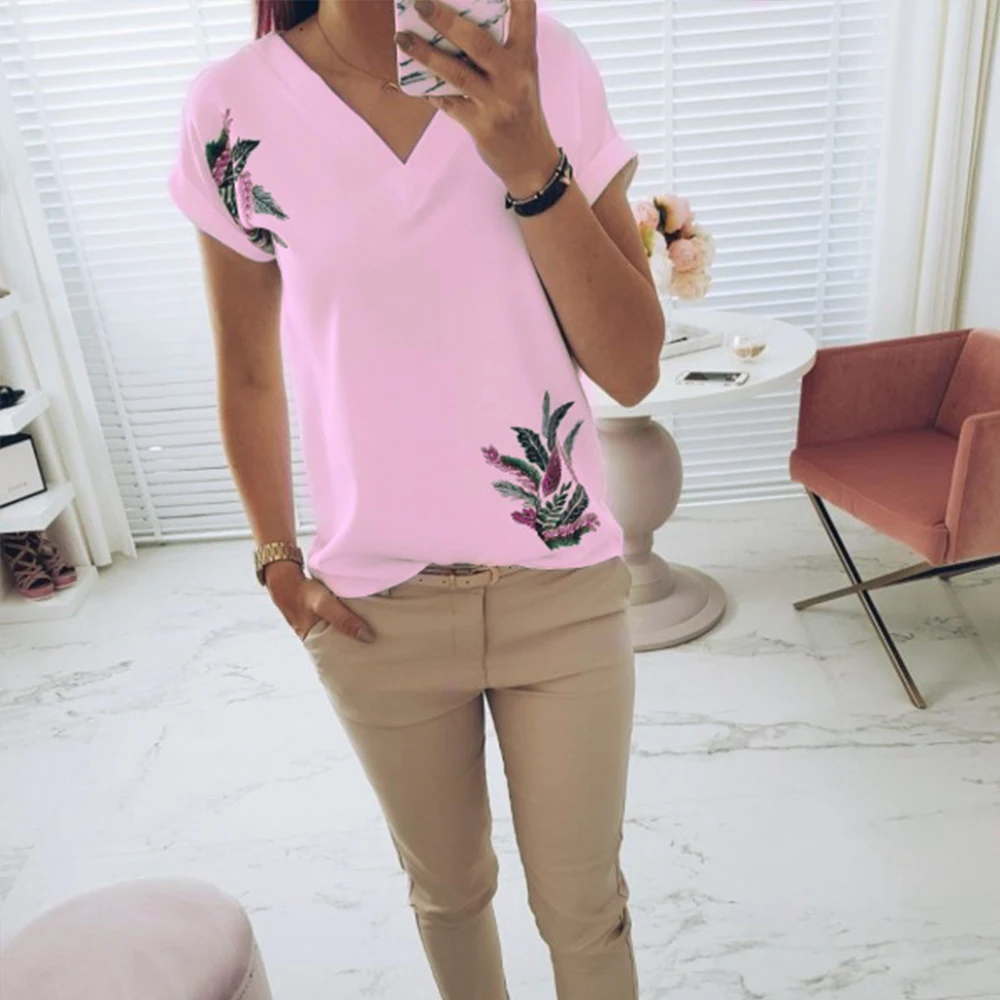 

V Neck Floral Printed Womne's Shirts Plain Casual Short Sleeve Female T Shirt Summer Casual Slim Pink Clothes Ladies Tops Tee