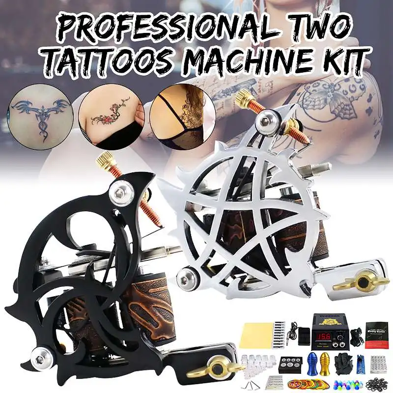 

Complete Tattoo Power Supply Ink Kits Two Machines for Artist Tattoo Kit Set Tattoo Beginner Grips Kits Permanent Makeup